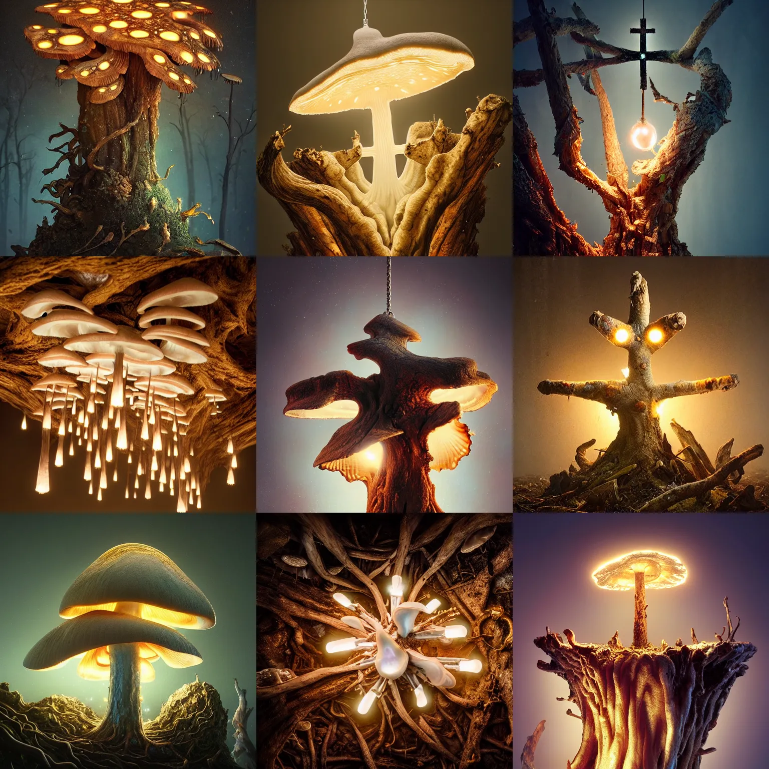 Prompt: a beautiful macro photography on a rotten stump is a small family of conical oyster mushrooms, broken cracked old disassembled detailed magical shiny cross hanging on the wall, hyper detailed, warm volumetric lights, made by gerald brom and mike winkelmann, photorealism