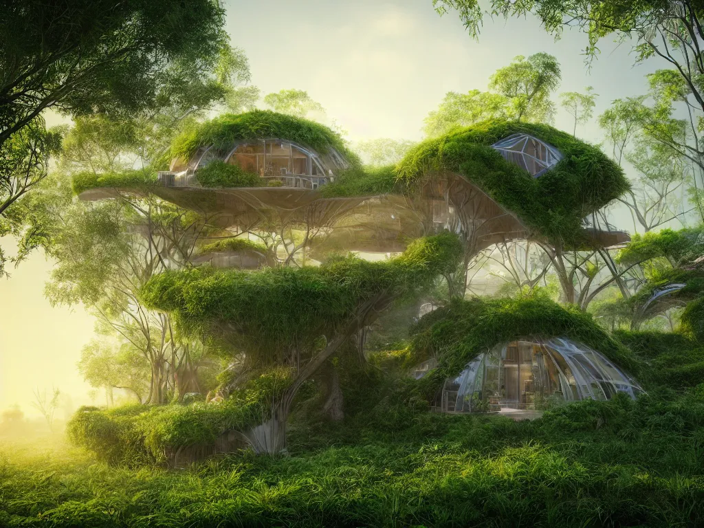 Image similar to beautiful organic house made from imaginary plants in a forest, architectural render, futuresynth, chillwave, vegetal architecture, blender 3D, by moebius, sunrise, (mist), junglepunk, trending on artstation
