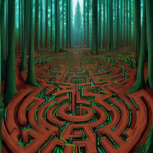 Image similar to a maze in the forest, digital painting by Dan Mumford, panoramic view, light and shadow