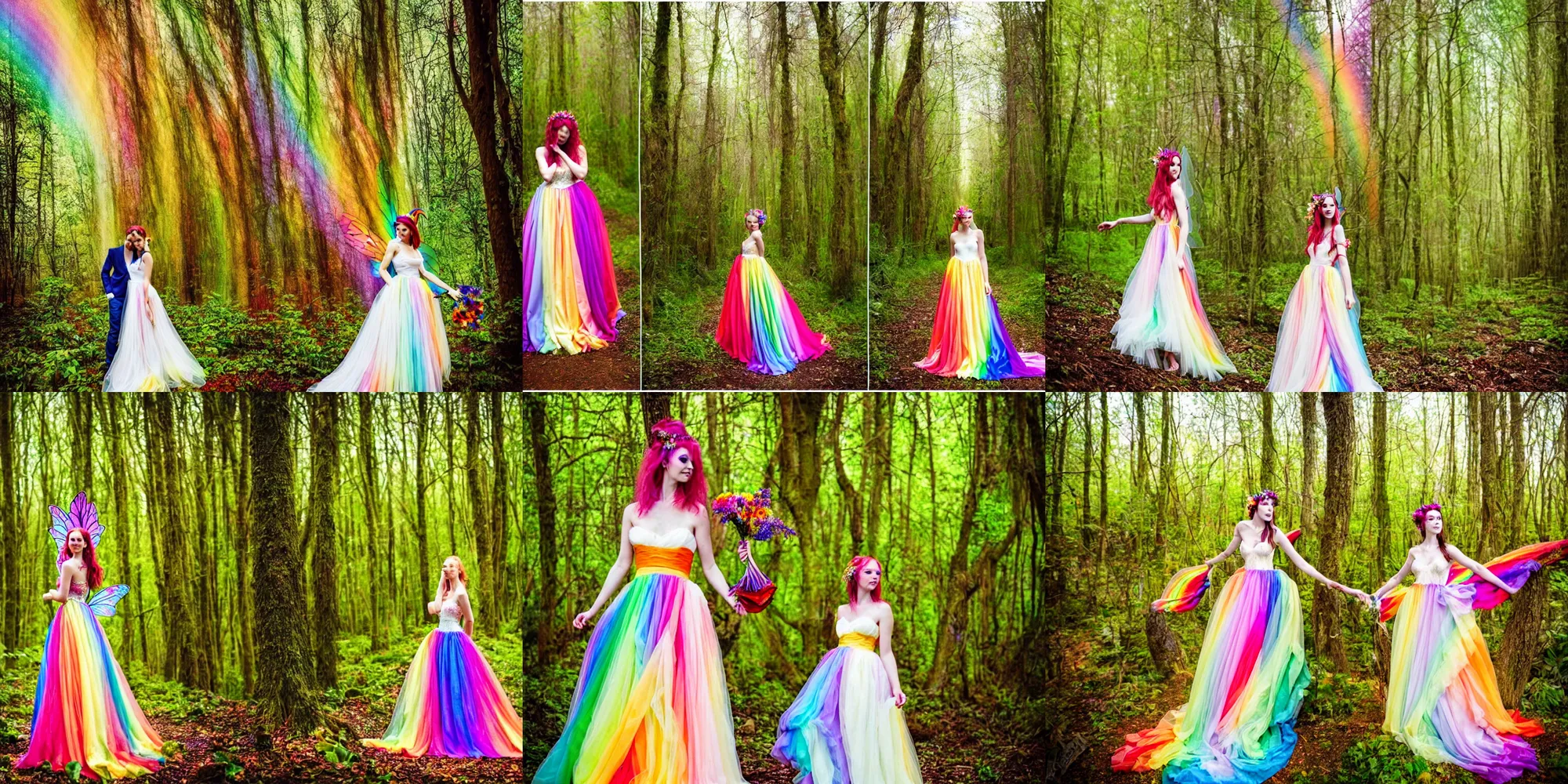 Prompt: Beautiful Fairy in a colorful magic forest wearing a long rainbow wedding gown