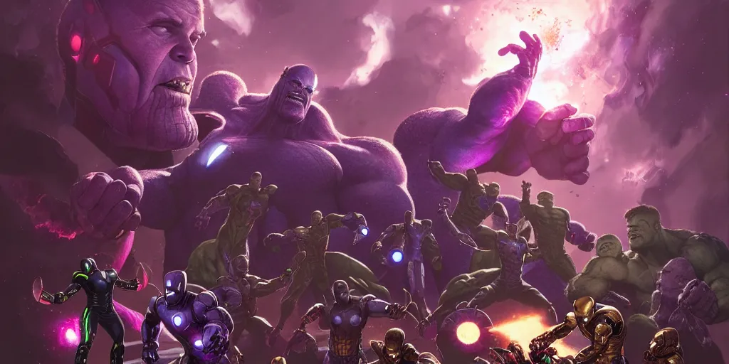 Image similar to avengers versus thanos, detailed intricate illustration, detailed illustration, hd, 4 k, digital art, overdetailed art, by greg rutkowski, by loish, complementing colors, trending on artstation, deviantart