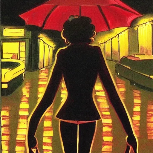 Image similar to girl in leather jacket walking down rainy city street at night, surreal, artwork by Ralph Bakshi