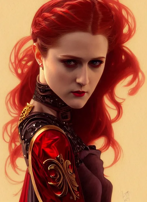 Prompt: portrait of evan rachel wood as a vampire lord, jewelry, greek, ruby, intricate, headshot, highly detailed, digital painting, artstation, concept art, sharp focus, cinematic lighting, illustration, art by artgerm and greg rutkowski, alphonse mucha, cgsociety