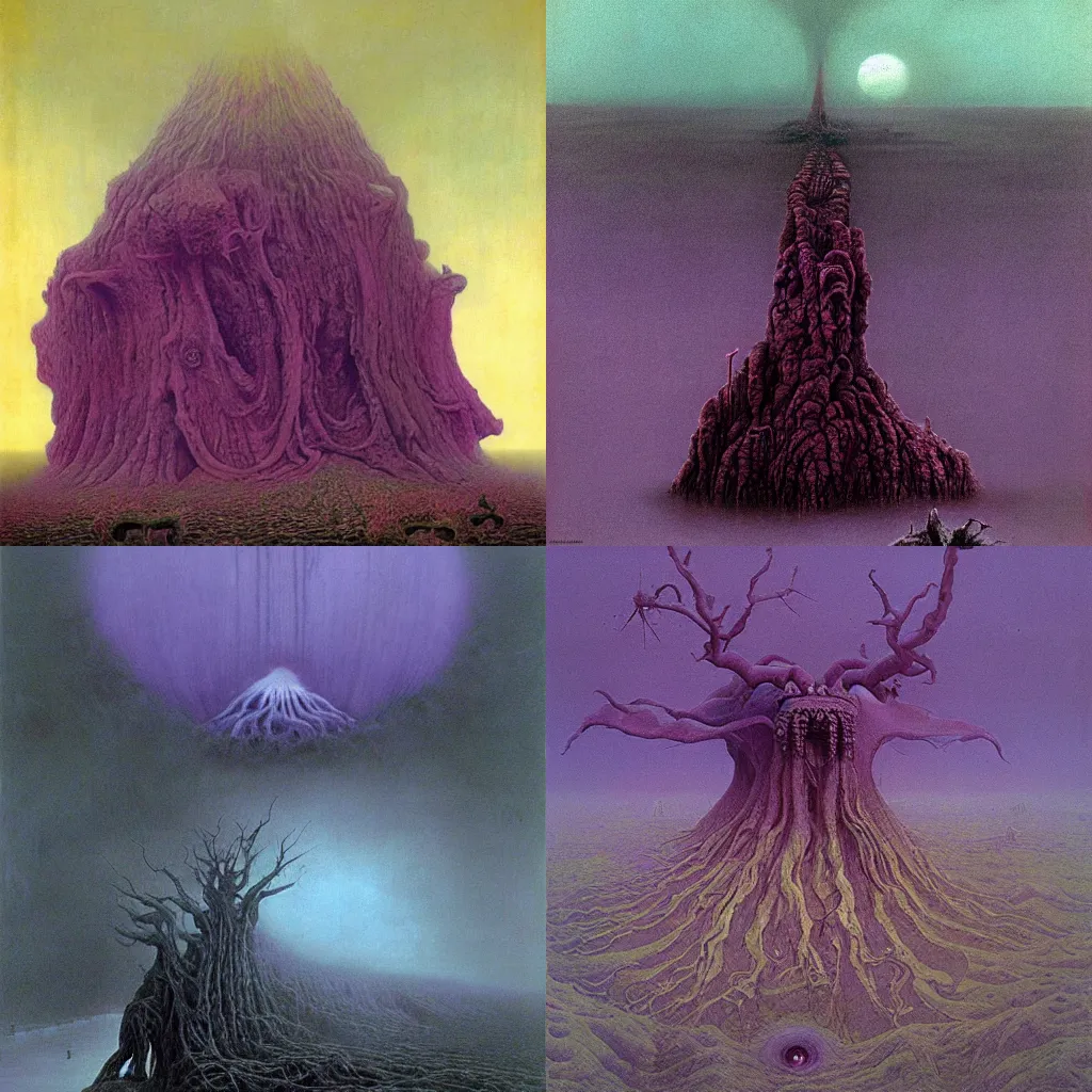 Prompt: giant purple amogus, matte painting, eldritch horror, by Zdzislaw Beksinski