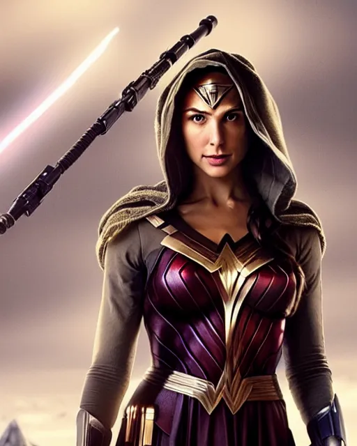 Image similar to gal gadot actress from death on the nil portraying a beautiful jaina solo from star wars legends, beautiful gal gadot jaina solo in a jedi robe, movie, hyper realistic, hollywood promotional image, imax, 8 k