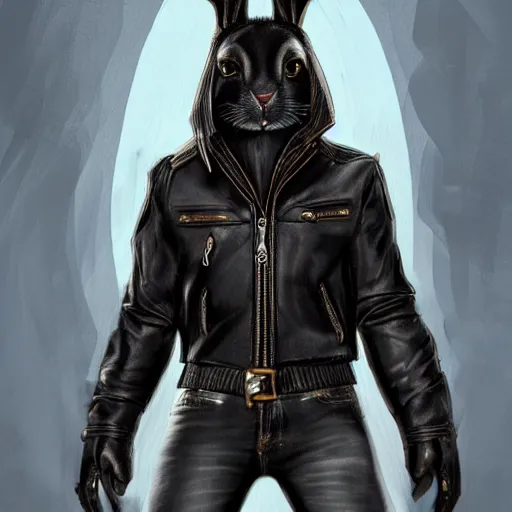 Prompt: A bunny with a small head wearing a fine intricate leather jacket and wearing fine intricate leather jeans and leather gloves, standing, trending on FurAffinity, energetic, dynamic, digital art, highly detailed, FurAffinity, high quality, digital fantasy art, FurAffinity, favorite, character art