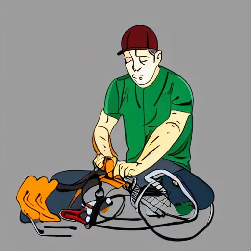 Prompt: man fixing bicycle chain, illustration, in the style of henry rivers