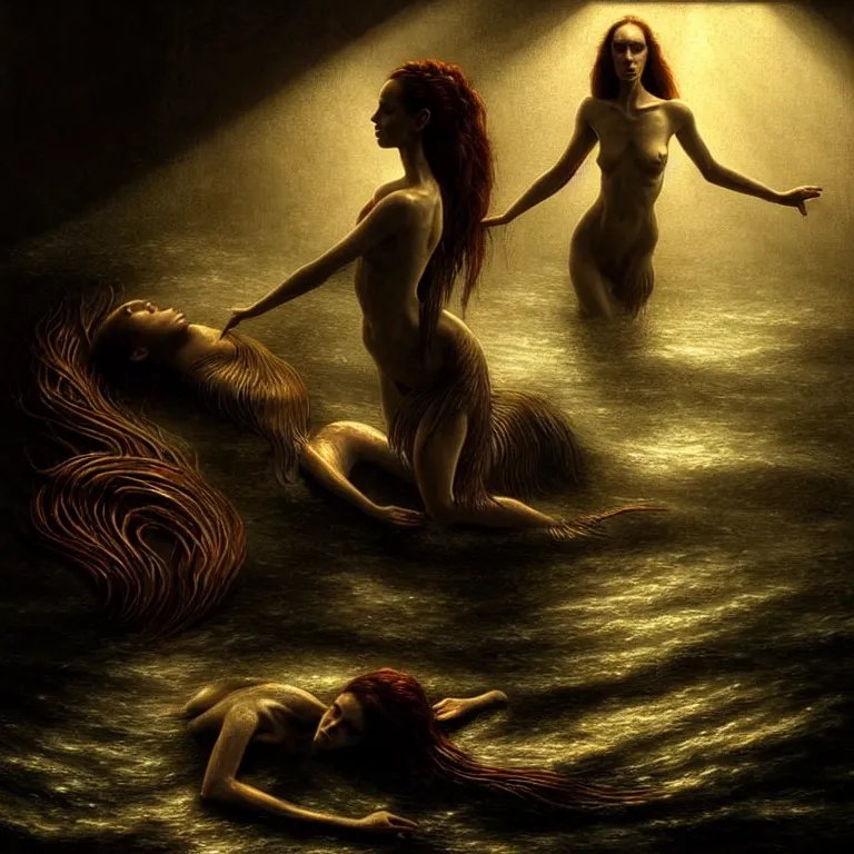 Image similar to epic professional digital art of a starving mermaid, atmospheric lighting, beautiful light and shadow, painted, complex, detailed, detailed, foreboding, mysterious, leesha hannigan, wayne haag, reina rocin, ignacio fernandez rios, mark ryden, iris van herpen, epic, stunning, magnificent, very wow, cinematic, masterpiece.