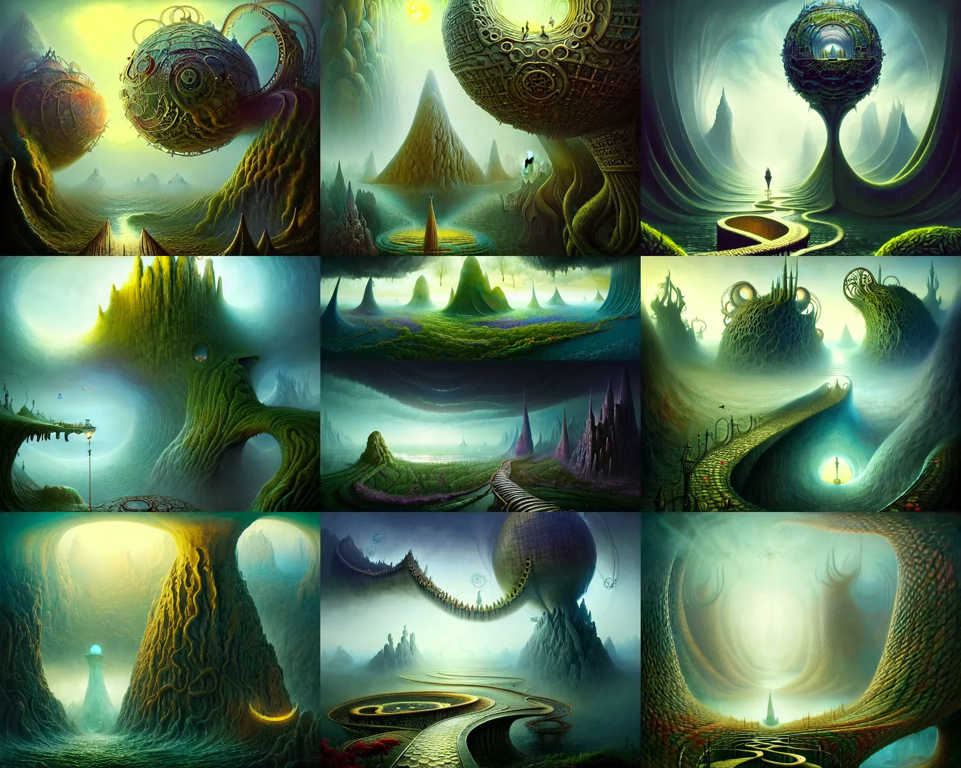 Prompt: a beguiling epic stunning beautiful and insanely detailed matte painting of the impossible winding path into lovecraftian dream worlds with surreal architecture designed by Heironymous Bosch, mega structures inspired by Heironymous Bosch's Garden of Earthly Delights, vast surreal landscape and horizon by Andree Wallin and Cyril Rolando and Paul Lehr, masterpiece!!!, masterpiece!!!, grand!, imaginative!!!, whimsical!! intricate details, sense of awe, elite, wonder, insanely complex, masterful composition!!!, sharp focus, protagonist in foreground, fantasy realism, dramatic lighting