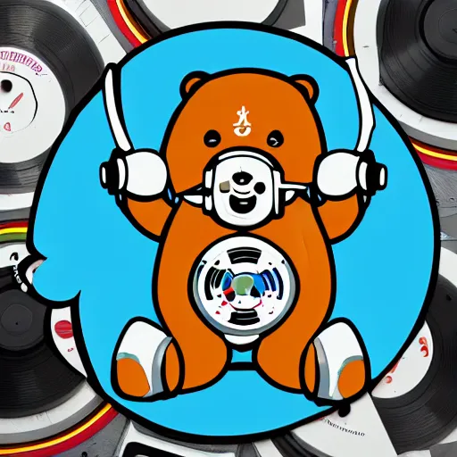 Image similar to svg sticker of a Dancing-Bear, at a rave, spinning records, giant headphones rocking out, wearing headphones, huge speakers, dancing, rave, DJ, spinning records, digital art, amazing composition, rule-of-thirds, award-winning, trending on artstation, featured on deviantart