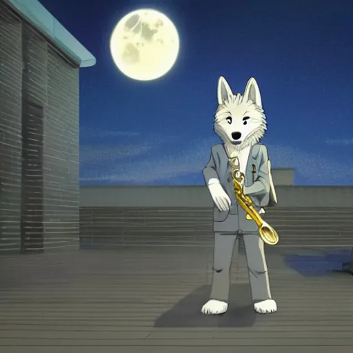 Image similar to modern anime still of beastars legoshi the anthro male grey wolf in a boarding school uniform, playing saxophone on a moonlit beach, official studio anime still