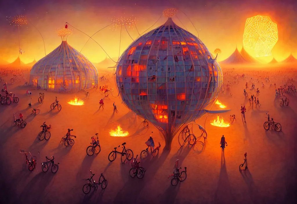 Image similar to A beautiful illustration of burning man festival, trending on artstation, WLOP, cgsociety by Gediminas Pranckevicius, trending on cgsociety, bokeh, fractal Thunder glow by dan mumford