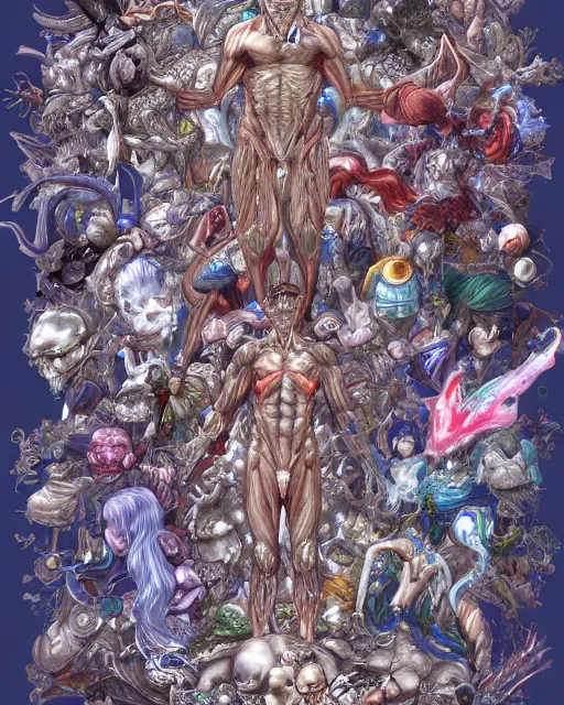 Image similar to anatomy of God by Yoshitaka Amano 4k hyper detailed trending on artstation