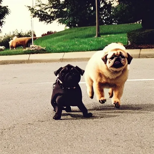 Image similar to “A Pug and a Golden Doodle playing in the suburbs”