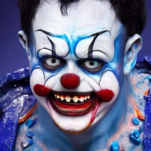 Image similar to 4K headshot of godlike clown with blue skin with defined arms and open hands and bloody clothes with giant mandala wings , white intricate scary clown makeup , flawless anime cel animation by Kentaro Miura, psychedelic , highly detailed upper body , professionally post-processed , beautiful, scary, symmetry accurate features, epic, octane rendered, anime masterpiece, accurate