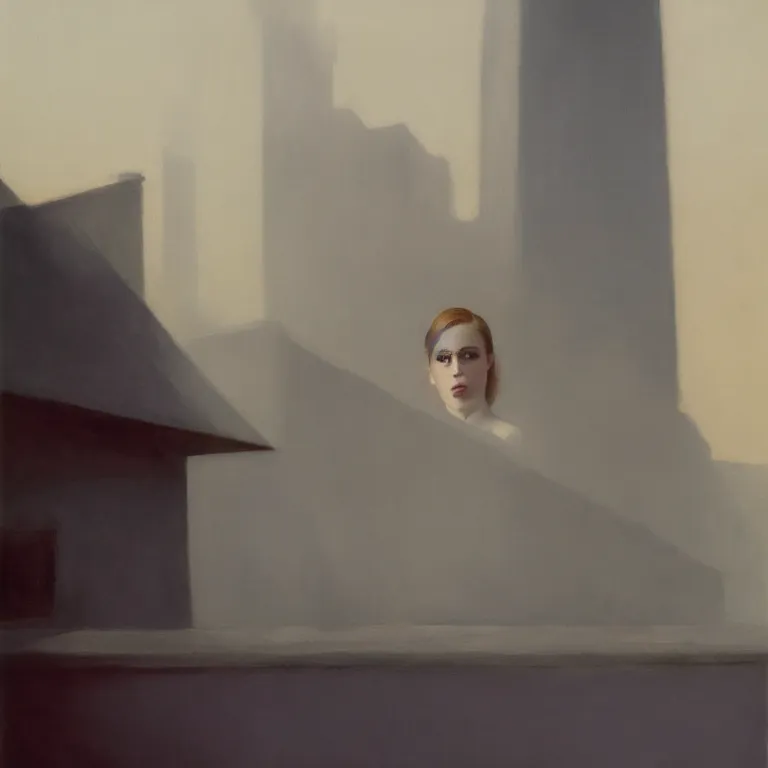 Image similar to portrait of Evan Rachel Wood on a roof, fog, early morning, , painted by Edward Hopper, painted by Wayne Barlow, airbrush