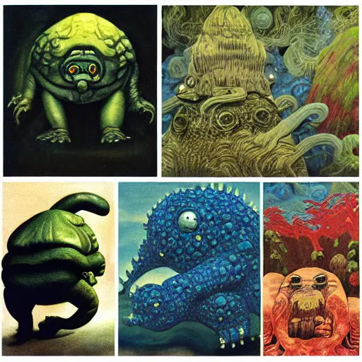 Prompt: a giant tardigrade kaiju retro japanese, monster slimy, oil painting, 7 0 s vintage art, by georgia o keeffe, by kay nielsen, by gustave dore, by frank frazetta, nausicaa, collage, by james gurney