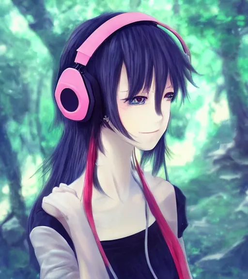 Kawaii Anime Girl Listening to Music · Creative Fabrica