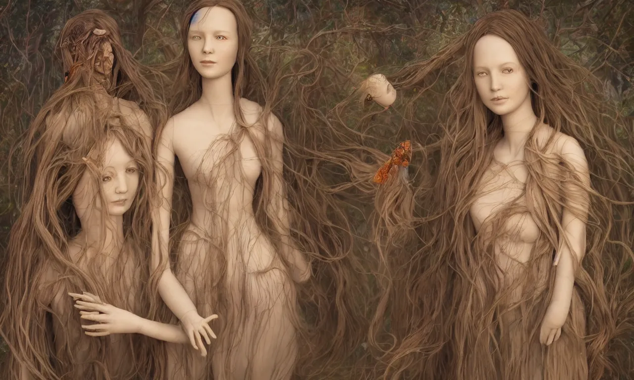 Prompt: a portrait of a beautiful female mannequin, a jointed wooden doll with long flowing hair, holding each other, big moths, big lilies, by James C. Christensen, by Tomasz Alen Kopera, 4K, rendered in Octane, cinematic, 3D, highly detailed