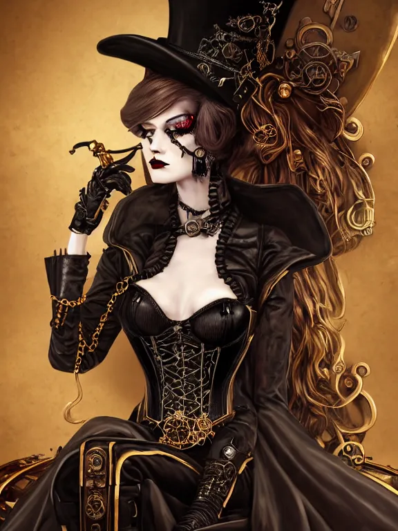 Prompt: picture of female steampunk necromancer sitting on her black throne, detailed face, angled sitting, golden corset, black clothing, grey cape, top hat, pale skin, red eyes, red lipstick, fractal background, high fantasy, dnd, highly detailed, smooth, sharp focus, digital illustration, by rossdraws