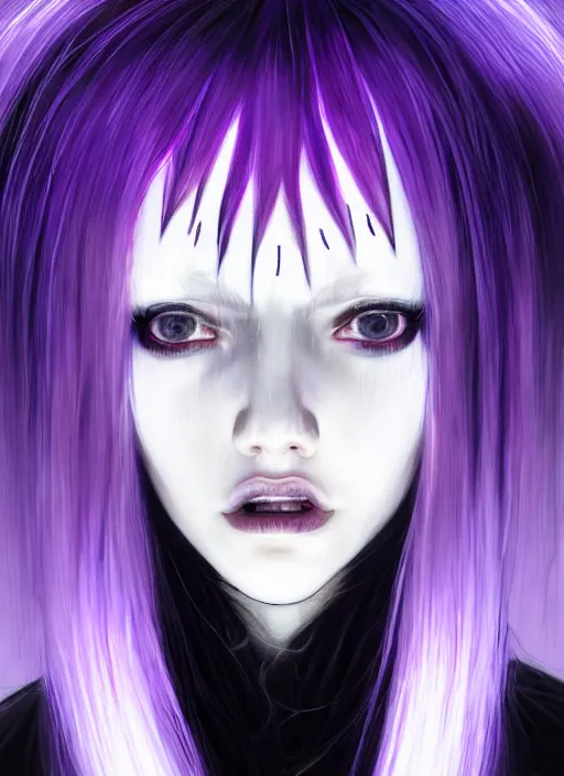 Image similar to hair whitebangs hair, black cyberlox, portrait of teenage girl with white bangs, whitebangsblackhair, messy bangs, cyberlox, whitebangs, red irises, purple clothes, intricate, elegant, glowing lights, highly detailed, digital painting, artstation, concept art, sharp focus, illustration, art by wlop, mars ravelo and greg rutkowski