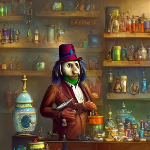 Image similar to Anthropomorphized parrot trader in his shop, selling his wares, portrait, items, magic potions, carpet, window, fancy hat, sly expression , cunning expression, cute expression, presenting wares, D&D, fantasy, cinematic lighting, highly detailed, digital painting, artstation, concept art, smooth, sharp focus, illustration, warm light, cozy warm tint, magic the gathering artwork, volumetric lighting, 8k, art by Akihiko Yoshida, Greg Rutkowski