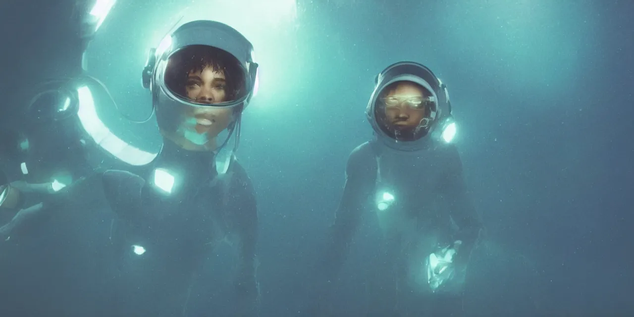 Image similar to Zoe Kravitz with short hair as a retro astronaut, helmet with led lights, alone underwater in the ocean at night, clear water, glowing bubbles, volumetric lighting, glowing lights, 4k, octane, unreal engine, digital painting, artstation, concept art, high contrast, high saturation , cinematic film still, sharp focus, illustration, art by Christopher Nolan and artgerm and greg rutkowski and alphonse mucha , wide angle view, full body