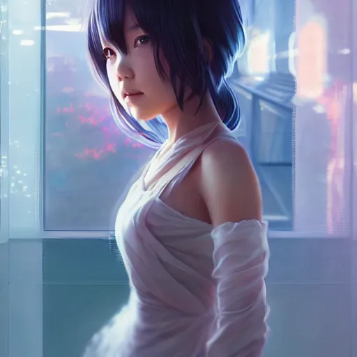 Image similar to very small little girl by ross tran : : reaching into their reflection in the mirror by sana takeda : : rtx reflections, very high intricate details, digital anime art by artgerm, medium shot, mid - shot, composition by ilya kuvshinov, lighting by greg rutkowski