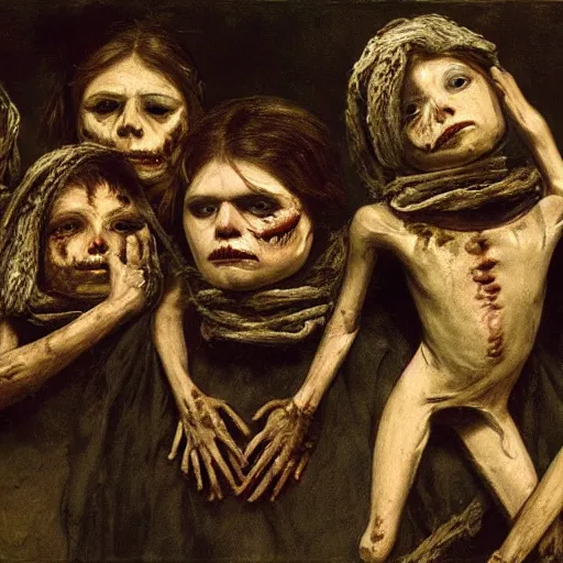 Prompt: painting | mummies | cannibals | vampires | style by millais | 8 k | highly detailed |