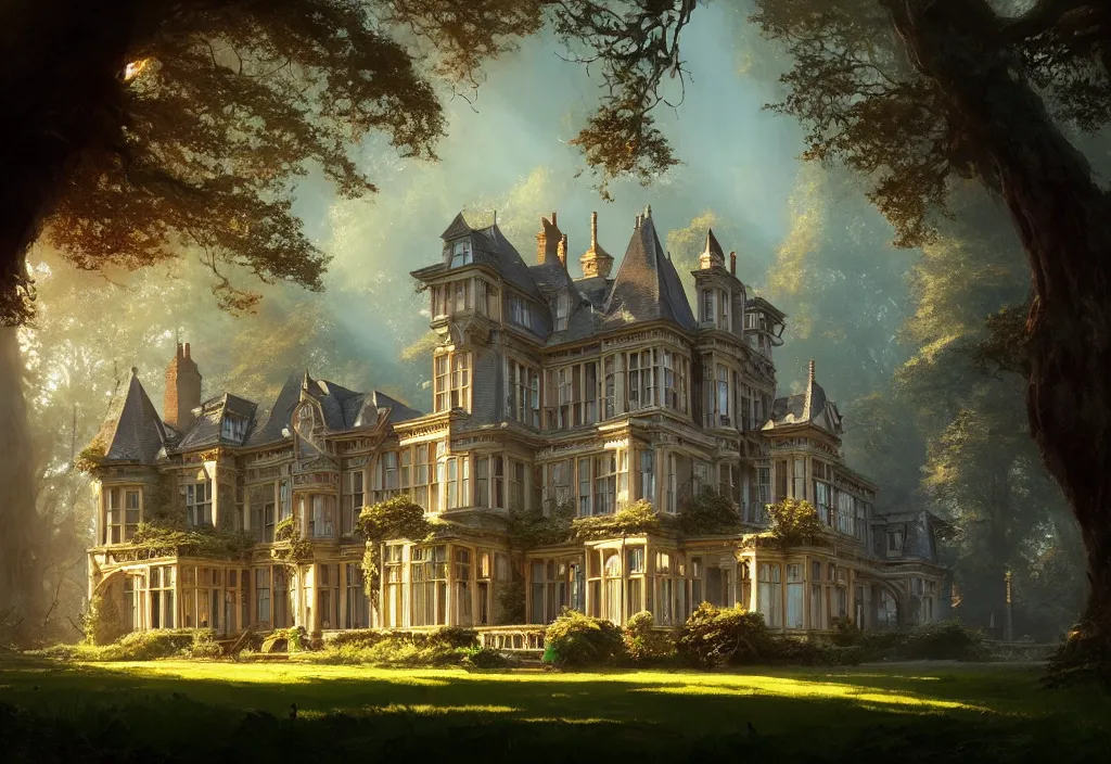 Prompt: a large victorian manor house surrounded by woodland, clear blue sky, cinematic view, concept art, high detail, well lit, volumetric, godrays, vivid, trending on artstation, by jordan grimmer, art greg rutkowski