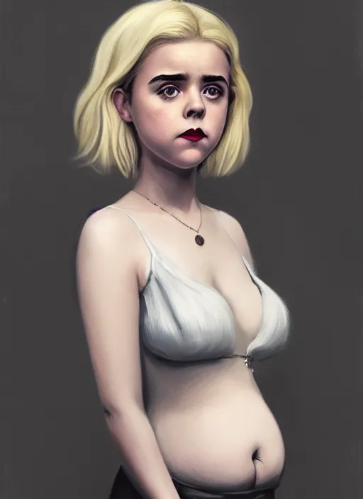 Image similar to full body portrait, kiernan shipka as sabrina spellman, white hair, obese, bangs, sultry, realistic, sultry smirk, fluffy bangs, curly bangs, fat, belly, intricate, elegant, highly detailed, digital painting, artstation, concept art, smooth, sharp focus, illustration, art by wlop, mars ravelo and greg rutkowski