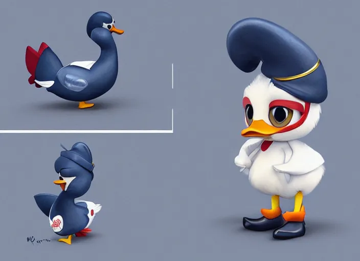 Image similar to award - winning detailed concept art of a cute iconic anthropomorphic duck character wearing a sailor suit. art by wlop on bcy. net, realistic. detailed feathers, art by cheng yi. artstationhd, artgerm, 3 dcg, pixar zootopia. 3 d rendering, high quality model sheet, donald. model sheet detailed