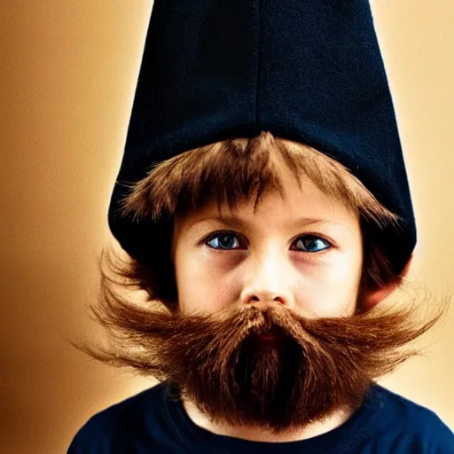 Image similar to photograph of a five year old boy wizard, beard, wizard hat by annie leibovitz, dark hair, deep eyes