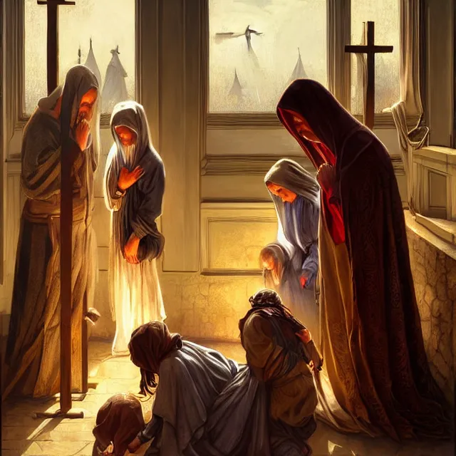 Image similar to poor hungry family praying to a cross, emotional sad painting, very poor, cross, christianity, medieval peasants, fantasy, cruel, dramatic lighting, intricate, wild, highly detailed, digital painting, artstation, concept art, smooth, sharp focus, illustration, art by artgerm and greg rutkowski and alphonse mucha