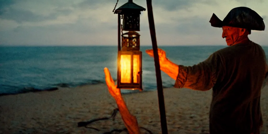 Image similar to film still of closeup old man holding up lantern by his beach hut at night. pirate ship in the ocean by emmanuel lubezki