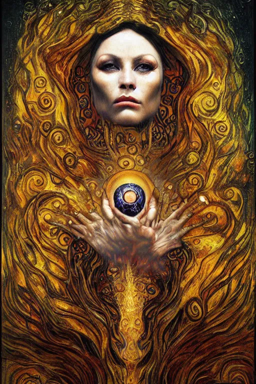 Prompt: Visions of Hell by Karol Bak, Jean Deville, Gustav Klimt, and Vincent Van Gogh, nightmare portrait, infernal, visionary, otherworldly, fractal structures, ornate gilded medieval icon, third eye, hellfire, stygian, spirals