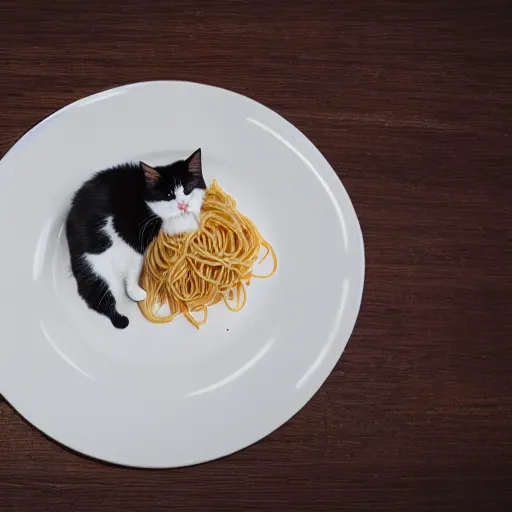 Image similar to professional photography of a cat sitting on a plate of spaghetti