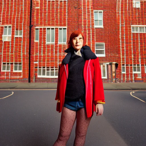 Prompt: un ultra high definition editorial photographic portrait of a female designer standing outside her unique red brick london art studio wearing all eclectic clothes. wide angle. three point light. golden hour, golden ratio, ray tracing, volumetric light and shadow, shallow depth of field.