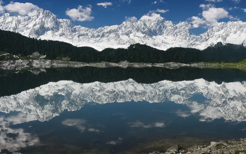 Prompt: the alps and reflection in a lake in the style of georgia o keefe