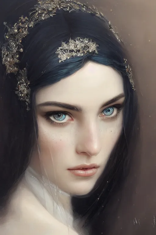 Prompt: Ameera al-Taweel, blue eyes, long wavy black hair, white veil, closeup, focus face, elegant, highly detailed, centered, oil painting, artstation, concept art by tom bagshaw