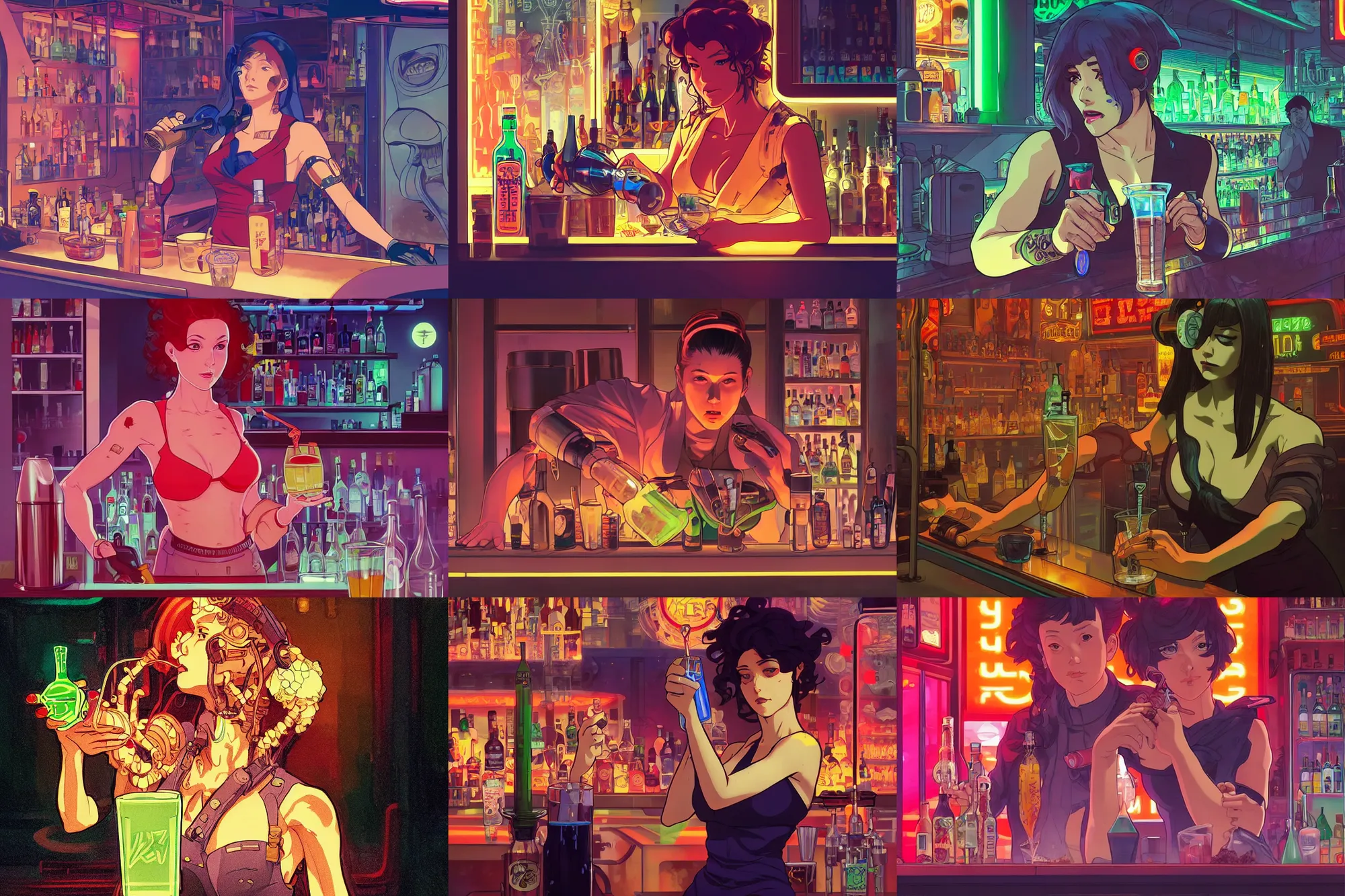 Prompt: cyborg bartender mixing a drink in a seedy neon - lit bar, finely illustrated face, highly detailed, colored pencil, studio ghibli, tankobon, in the style of ilya kuvshinov and krenz cushart and william - adolphe bouguereau and alphonse mucha