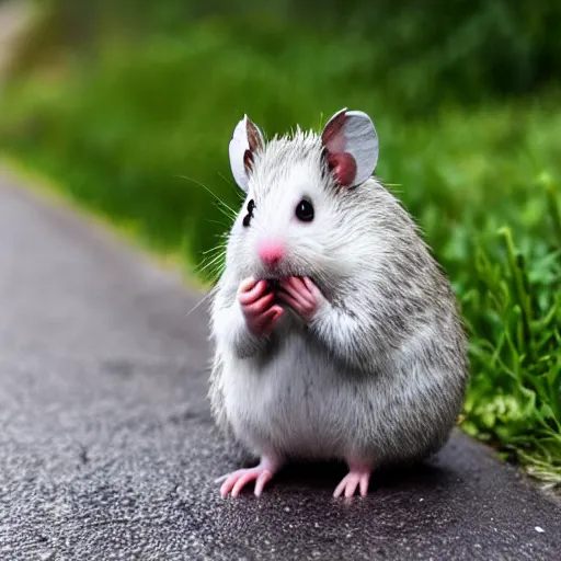 Image similar to soaking wet hamster begging for change on the side of the road