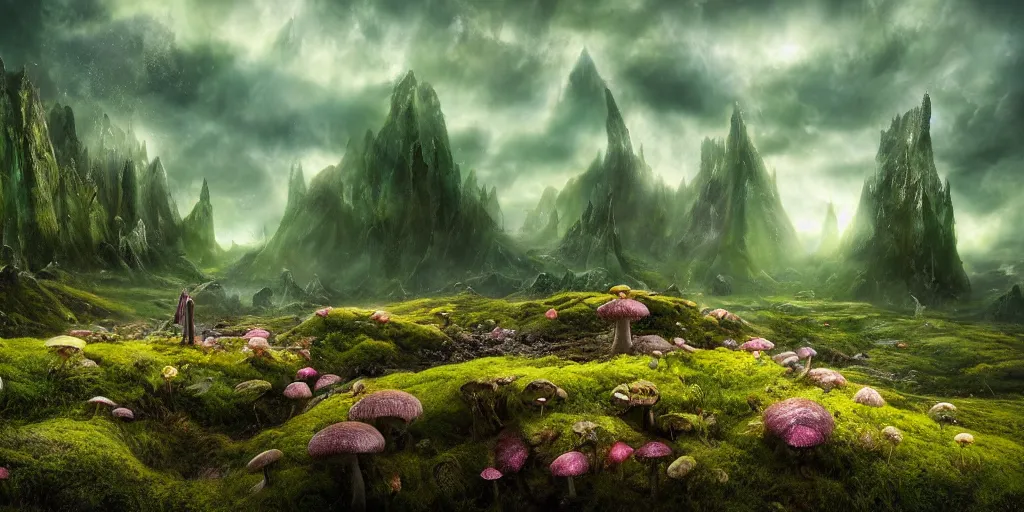 Image similar to surreal fairyland scenery landscape, lord of the rings, aurora borealis, mist, monoliths, flowers, mushroom structures, moss highly detailed, vivid color, perfect lighting, perfect composition, 8 k, brian froud, artgerm, derek zabrocki, greg rutkowski