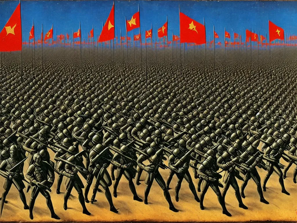 Image similar to armies marching into battle, futuristic alternate timeline, communist hordes, art by max ernst