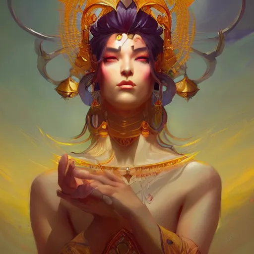 Image similar to a beautiful portrait of a beautiful deity, westword concept art by pete mohrbacher and guweiz and ilya kuvshinov, digital art, highly detailed, intricate, sharp focus, trending on artstation hq, deviantart, unreal engine 5, 4 k uhd image