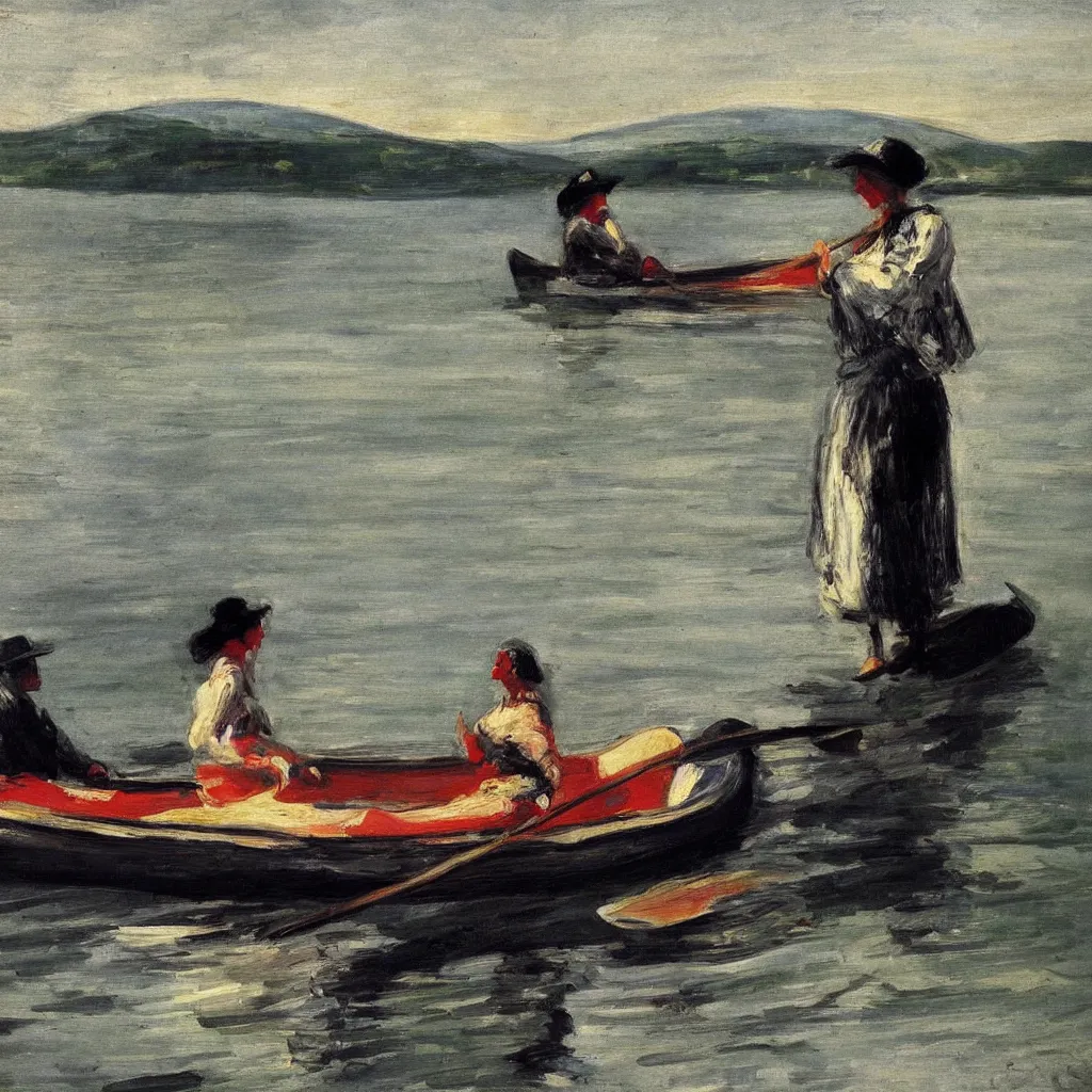 Prompt: beautiful woman standing in canoe on the hudson river, oil painting, style of george bellows