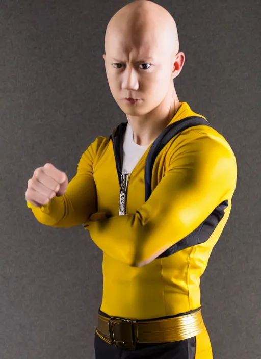 Image similar to A full portrait photo of real-life saitama one punch man, f/22, 35mm, 2700K, lighting, perfect faces, award winning photography.