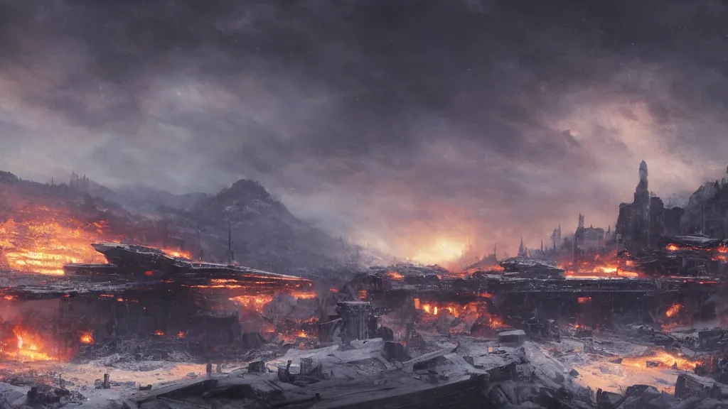 Image similar to star destroyer hovering over a burning destroyed city in snowy valley by eugene von guerard, ivan shishkin, dramatic lighting, concept art, trending on artstation, 8 k