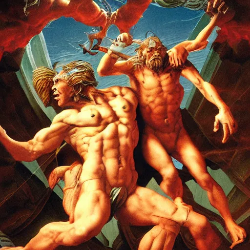 Image similar to unhinged revenge of the fierce but aesthetic Thebean terror by Jeff Easley and Michelangelo, fantastic reality, detailed and beautiful faces, dramatic lighting, establishing shot, 8k resolution – W 1024