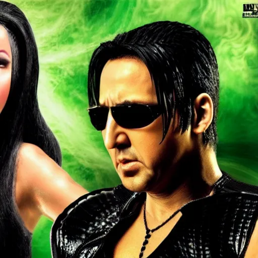 Image similar to nicolas cage as neo and nicki minaj as trinity, in the matrix